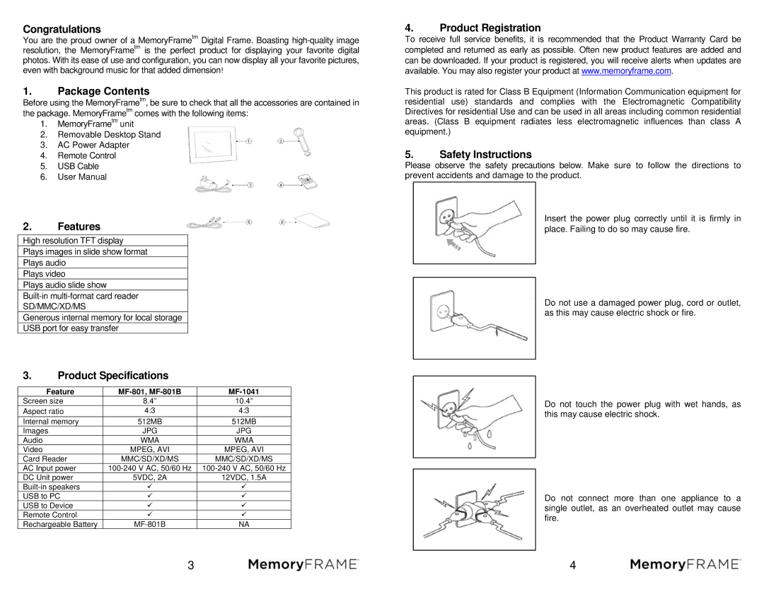 Digital Spectrum MF-801B manual Congratulations, Package Contents, Features, Product Registration, Safety Instructions 