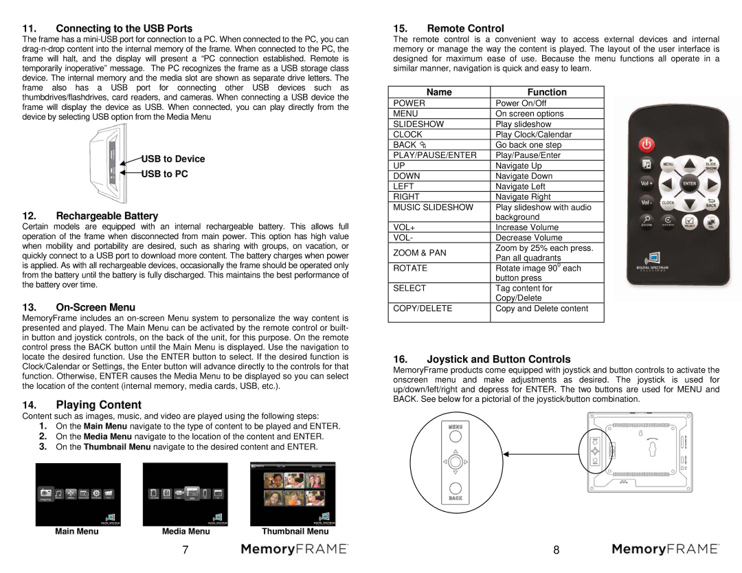 Digital Spectrum MF-801B manual Connecting to the USB Ports, Rechargeable Battery, On-Screen Menu, Remote Control 