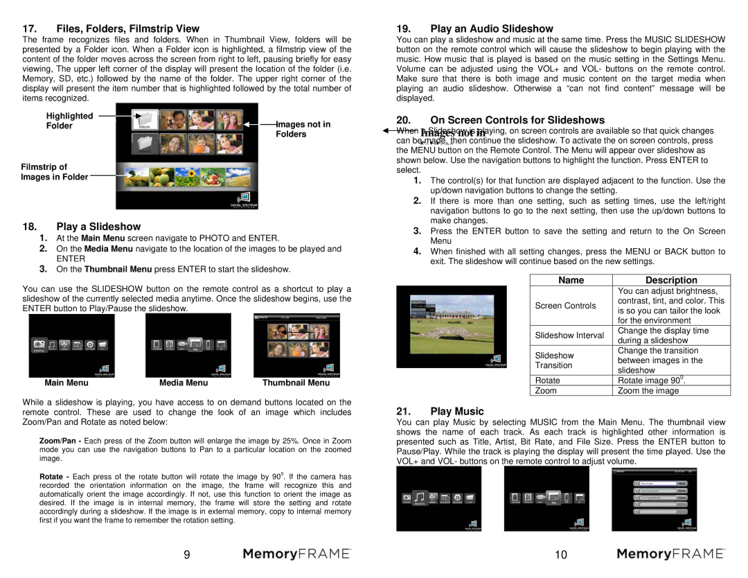 Digital Spectrum MF-801B manual Files, Folders, Filmstrip View, Play a Slideshow, Play an Audio Slideshow, Play Music 