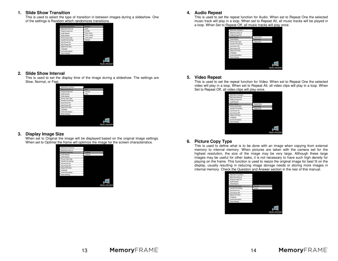 Digital Spectrum MF-801B manual Slide Show Transition, Slide Show Interval, Display Image Size, Audio Repeat, Video Repeat 