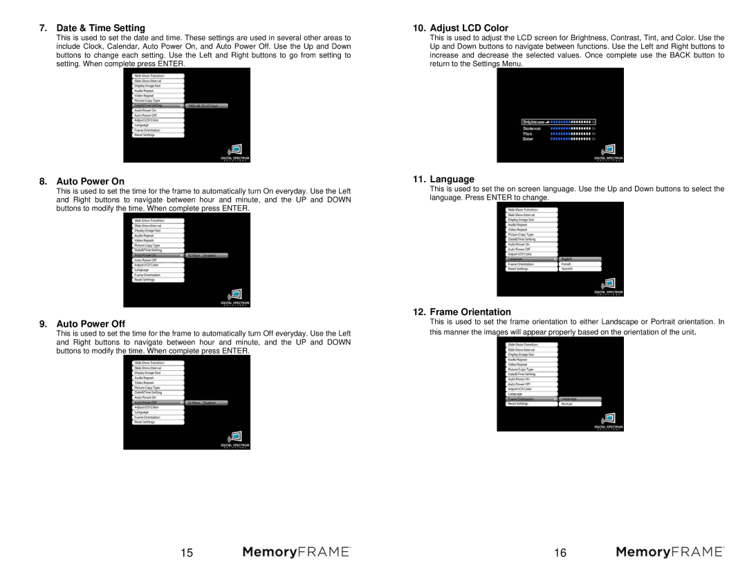 Digital Spectrum MF-801B Date & Time Setting, Auto Power On, Auto Power Off, Adjust LCD Color, Language, Frame Orientation 