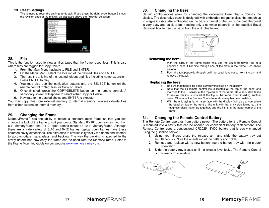 Digital Spectrum MF-801B manual File, Changing the Frame Changing the Bezel, Changing the Remote Control Battery 