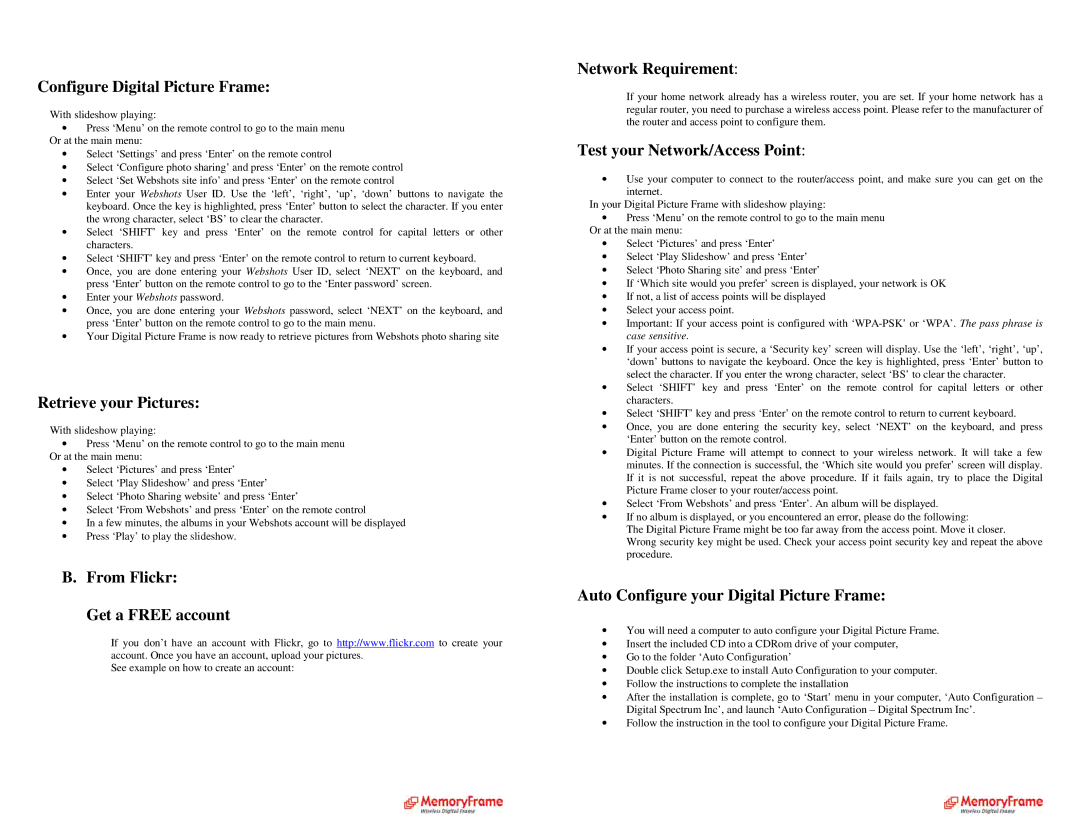 Digital Spectrum MF-8000, MF-8115 manual From Flickr Get a Free account, Network Requirement, Test your Network/Access Point 