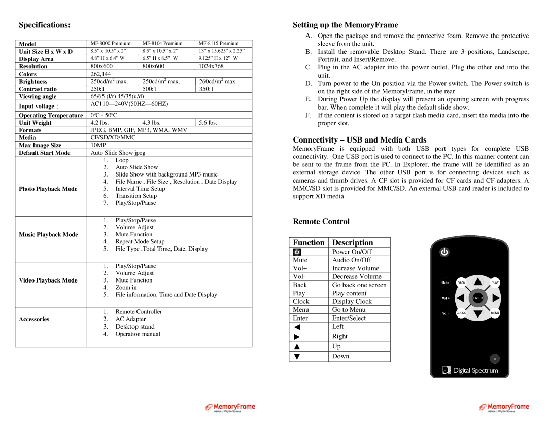 Digital Spectrum MF-8000, MF-8115 manual Specifications, Setting up the MemoryFrame, Connectivity USB and Media Cards 