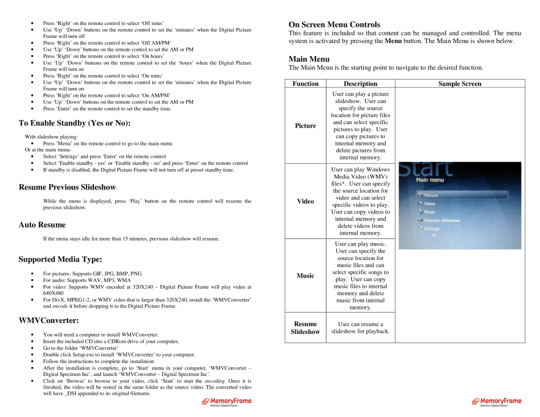 Digital Spectrum MF-8000 manual To Enable Standby Yes or No, Resume Previous Slideshow, Auto Resume, Supported Media Type 