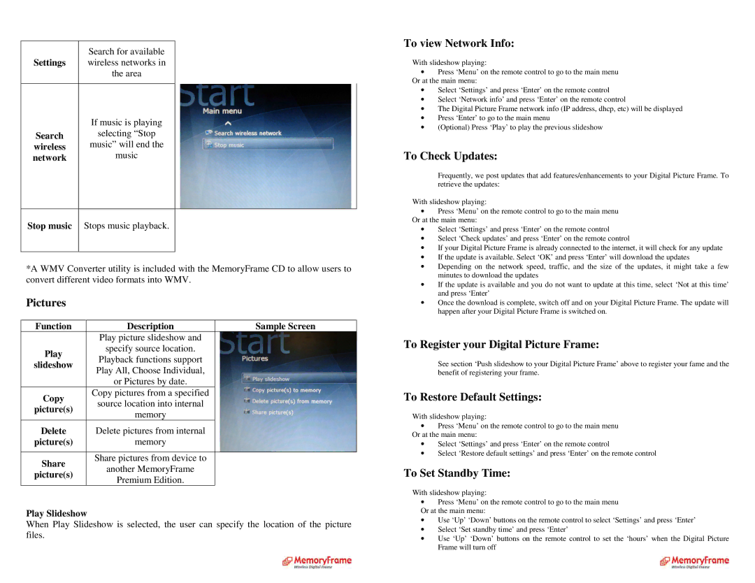 Digital Spectrum MF-8115, MF-8000 Pictures, To view Network Info, To Check Updates, To Register your Digital Picture Frame 