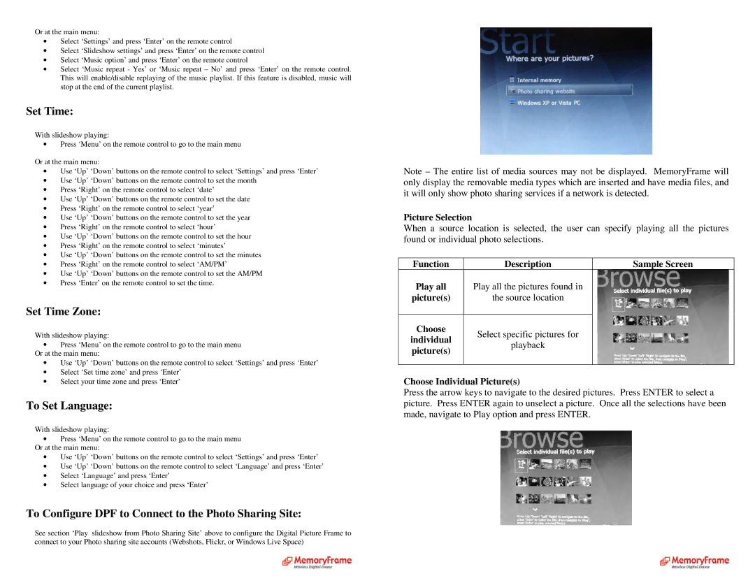 Digital Spectrum MF-8000 manual Set Time Zone, To Set Language, To Configure DPF to Connect to the Photo Sharing Site 