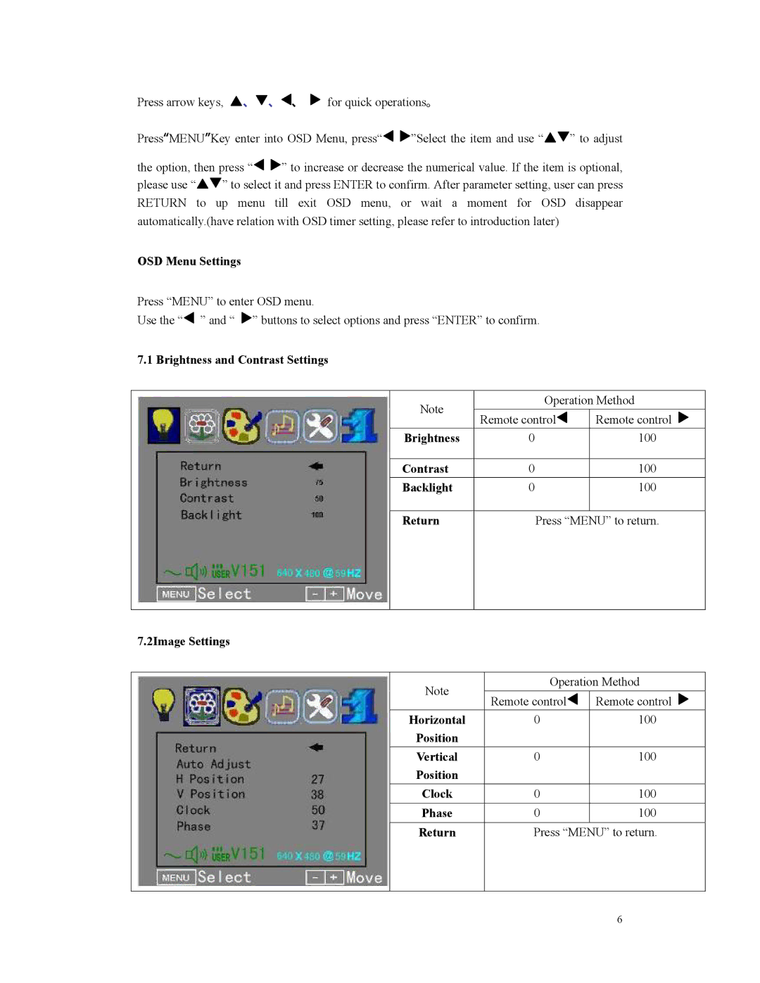 Digital Spectrum MV-1700 OSD Menu Settings, Brightness and Contrast Settings, Backlight, Return, 2Image Settings, Position 