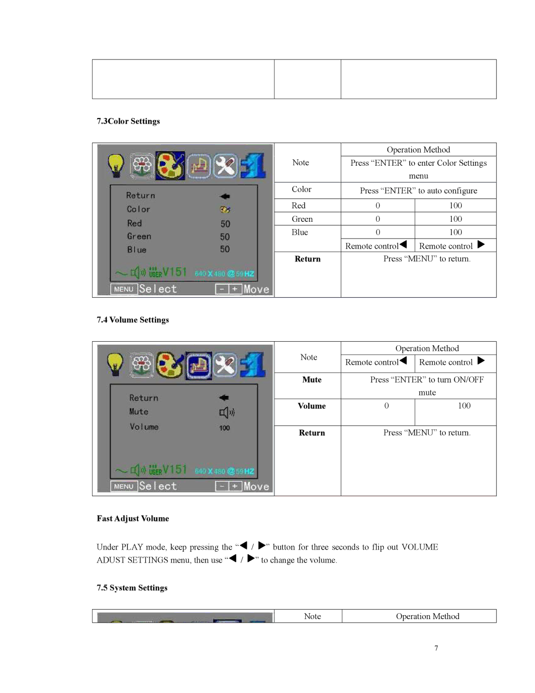 Digital Spectrum MV-1500, MV--1900, MV-1700 3Color Settings, Volume Settings, Mute, Fast Adjust Volume, System Settings 