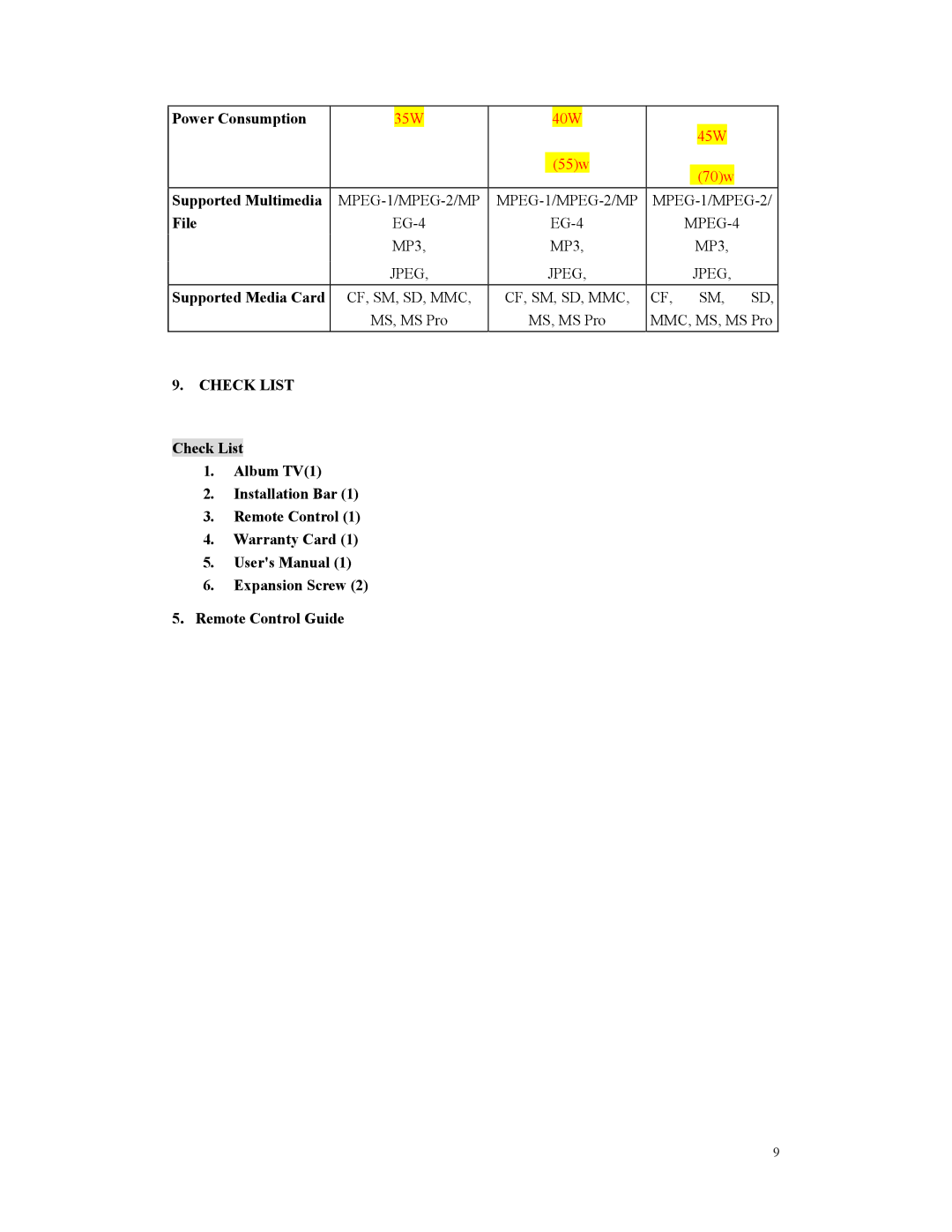 Digital Spectrum MV-1700, MV--1900, MV-1500 Power Consumption, Supported Multimedia, File, Supported Media Card, Check List 