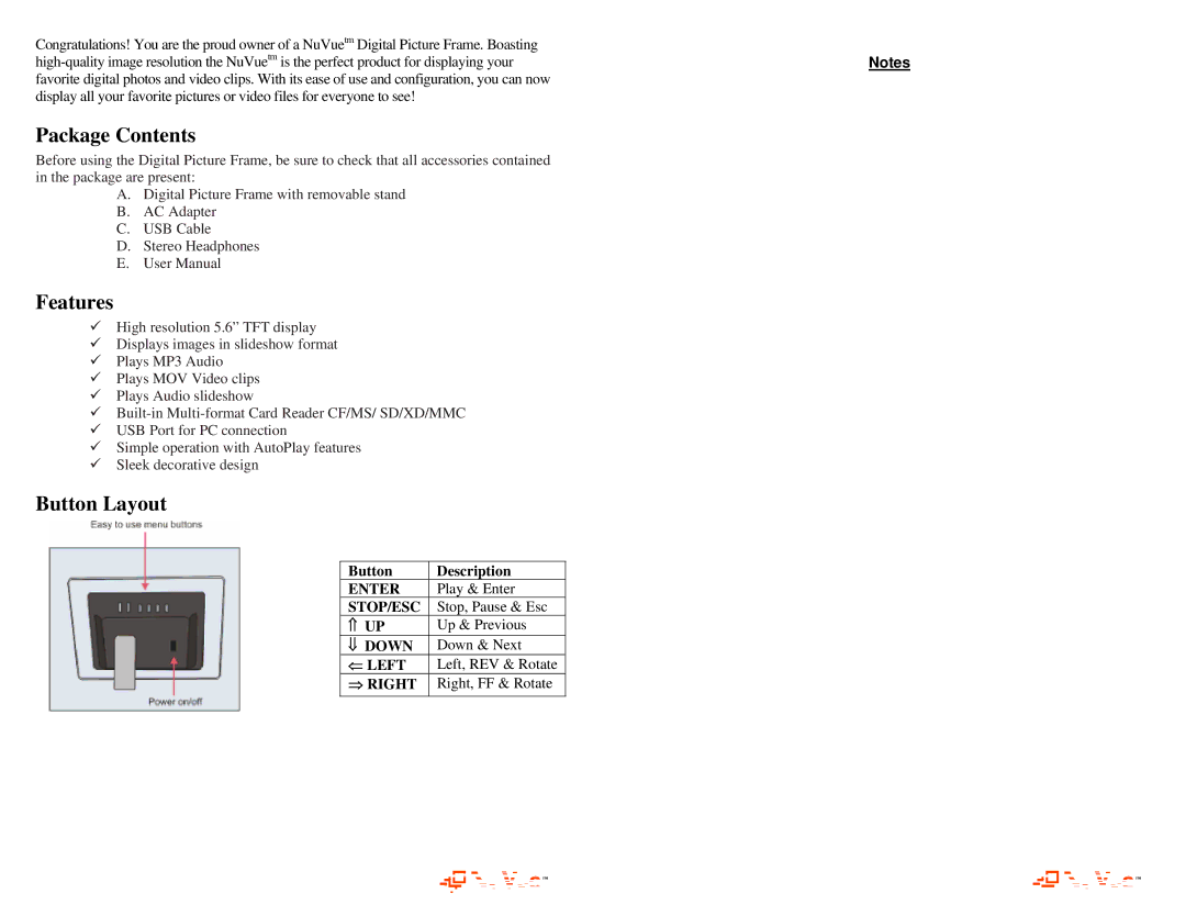 Digital Spectrum NV-562 manual Package Contents, Features, Button Layout 