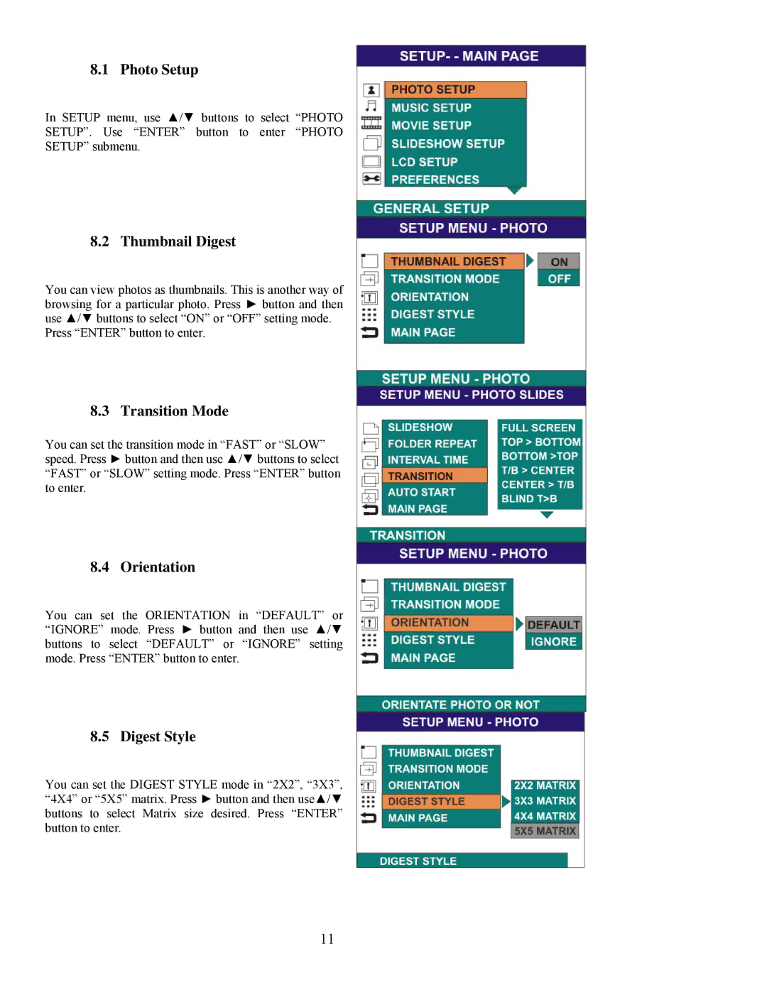 Digital Spectrum NV-800 manual Photo Setup, Thumbnail Digest, Transition Mode, Orientation, Digest Style 