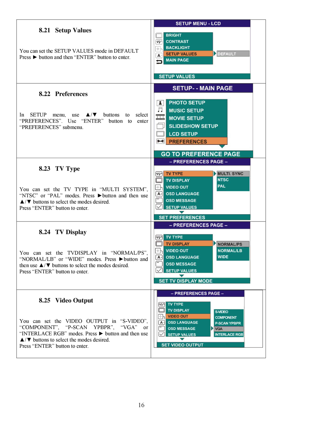 Digital Spectrum NV-800 manual Setup Values, Preferences, TV Type, TV Display, Video Output 
