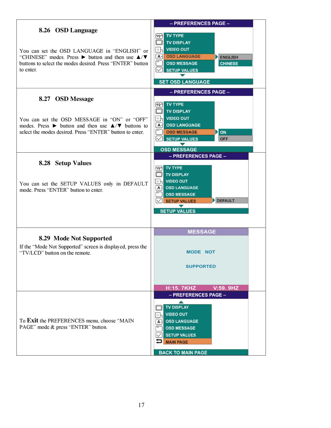 Digital Spectrum NV-800 manual OSD Language, OSD Message, Mode Not Supported 