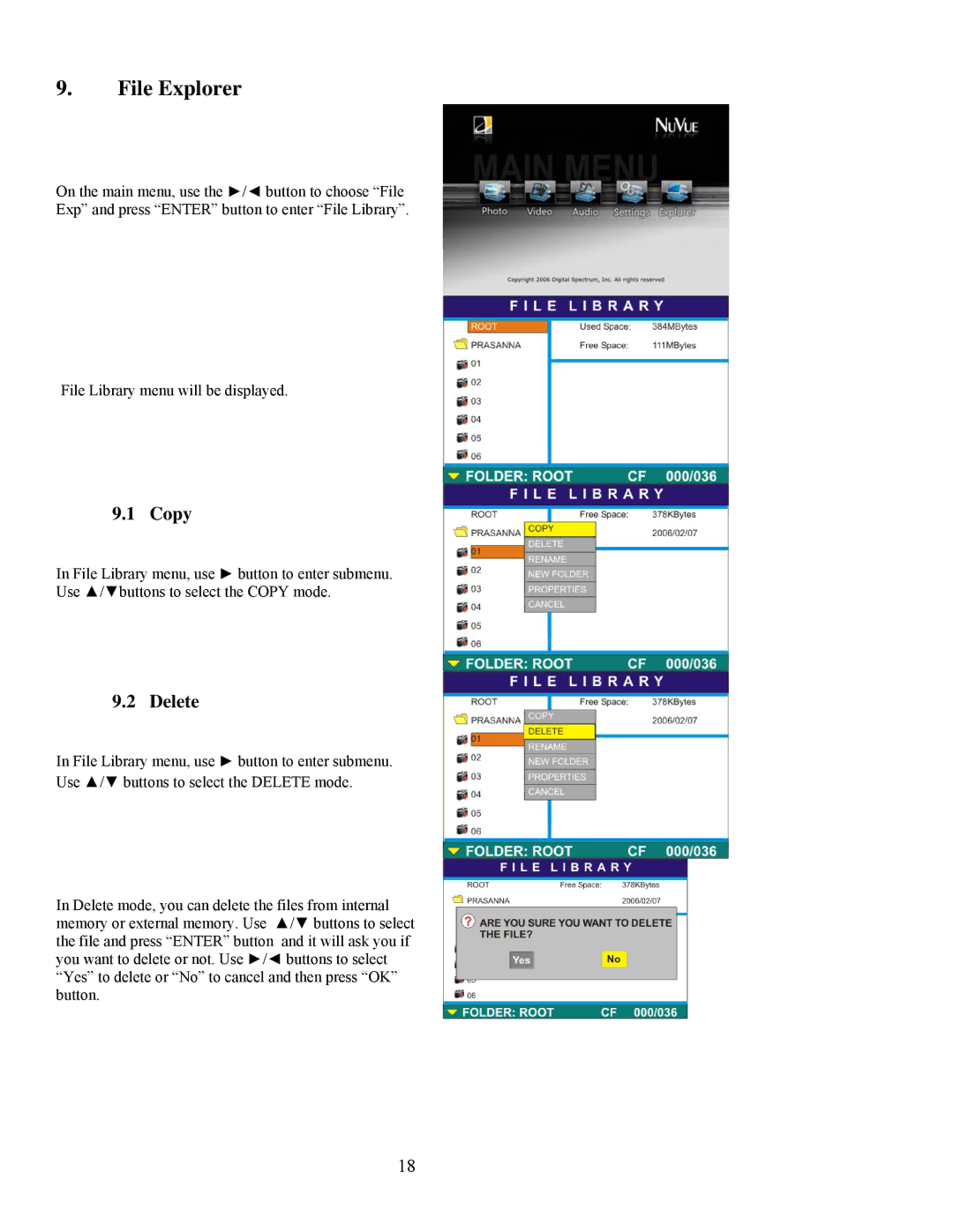 Digital Spectrum NV-800 manual File Explorer, Copy, Delete 