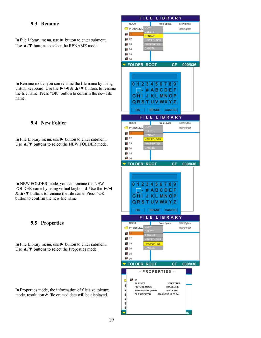 Digital Spectrum NV-800 manual Rename, New Folder, Properties 