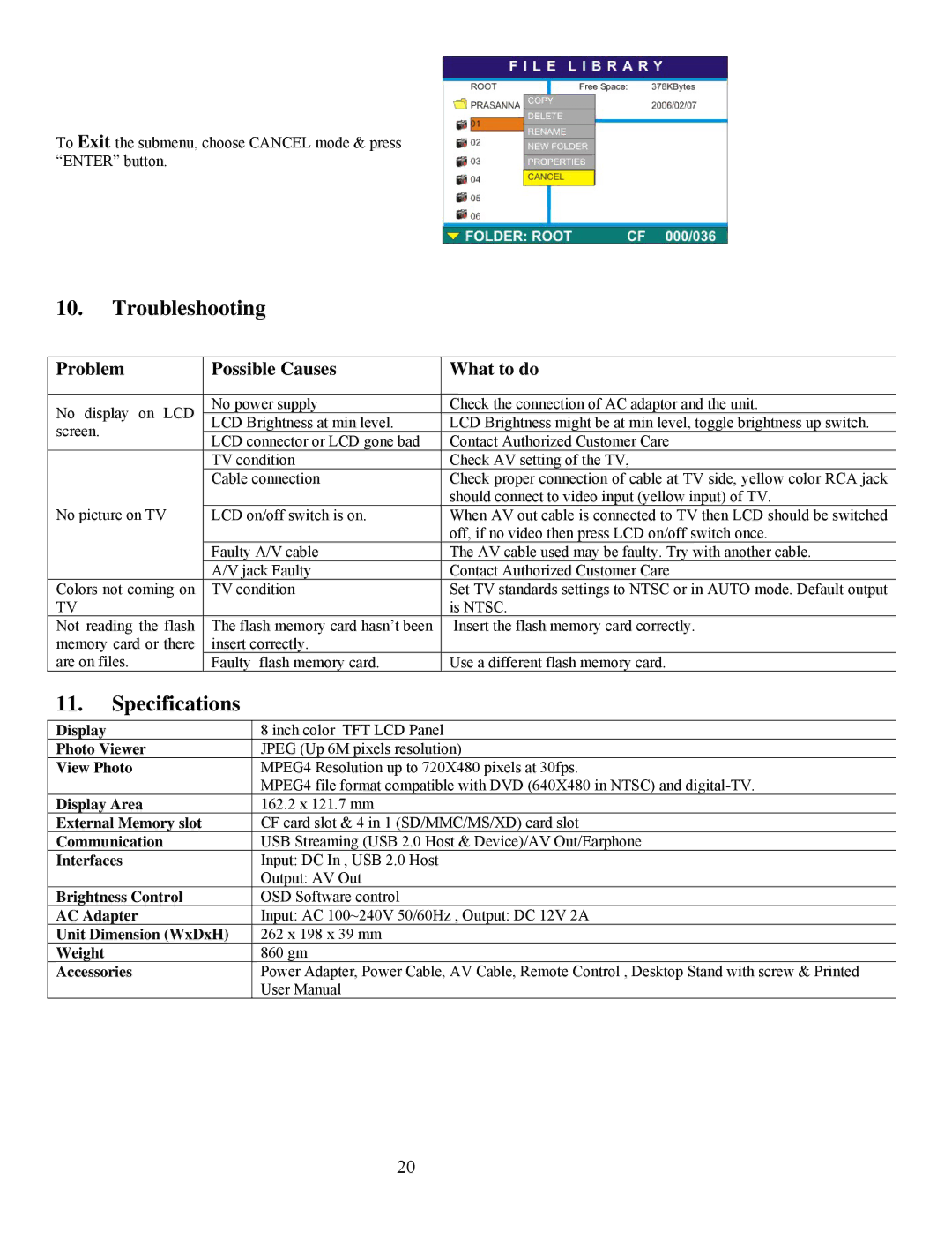 Digital Spectrum NV-800 manual Troubleshooting, Specifications, Problem Possible Causes What to do 