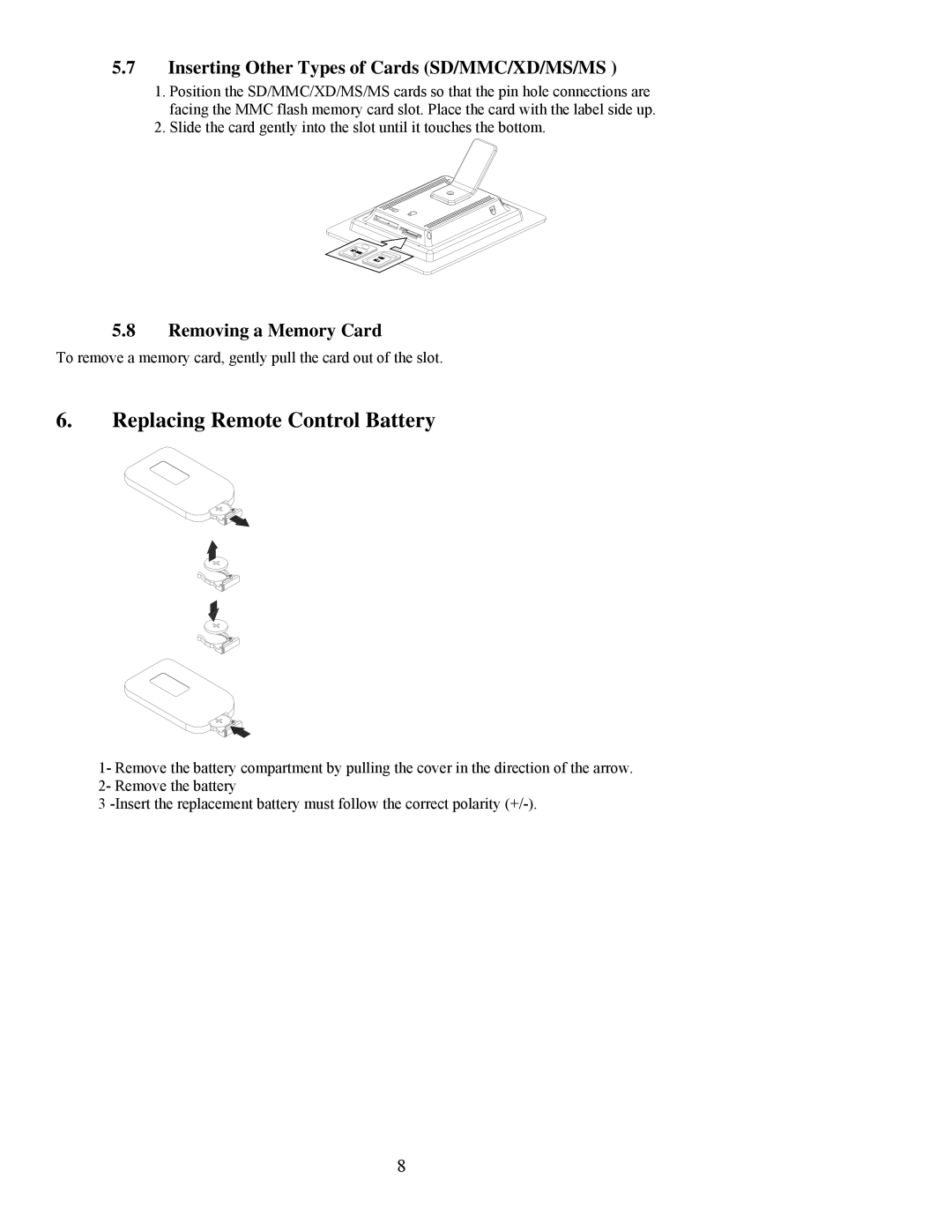 Digital Spectrum NV-800 manual Replacing Remote Control Battery, Inserting Other Types of Cards SD/MMC/XD/MS/MS 