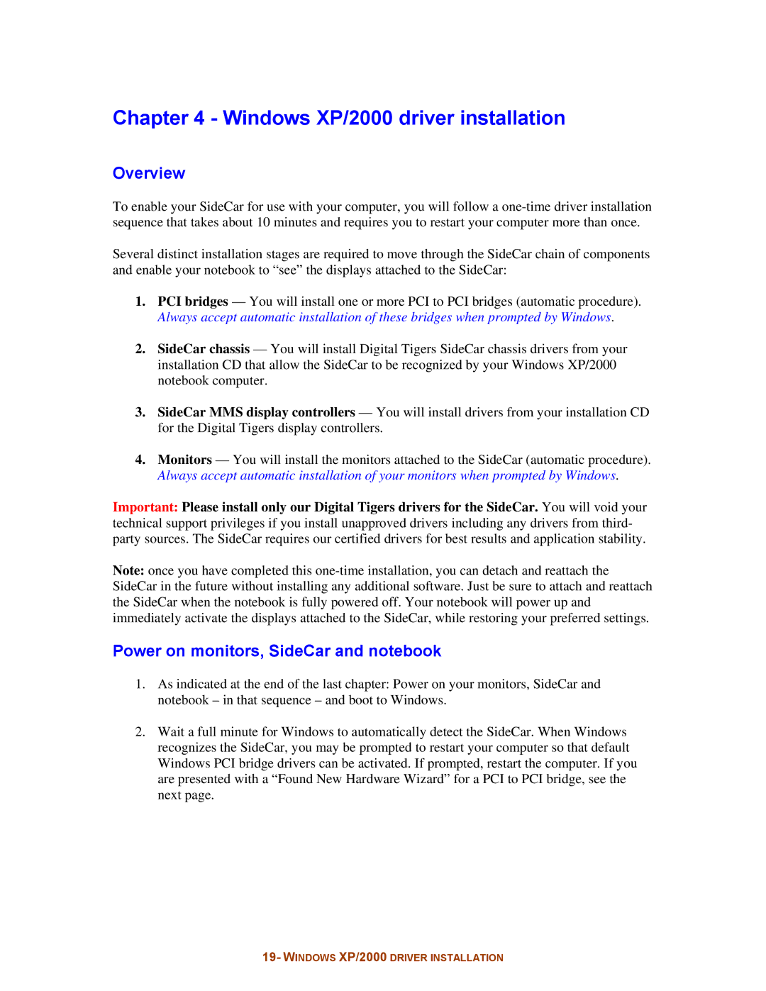 Digital Tigers SideCar MMS Series Windows XP/2000 driver installation, Overview, Power on monitors, SideCar and notebook 