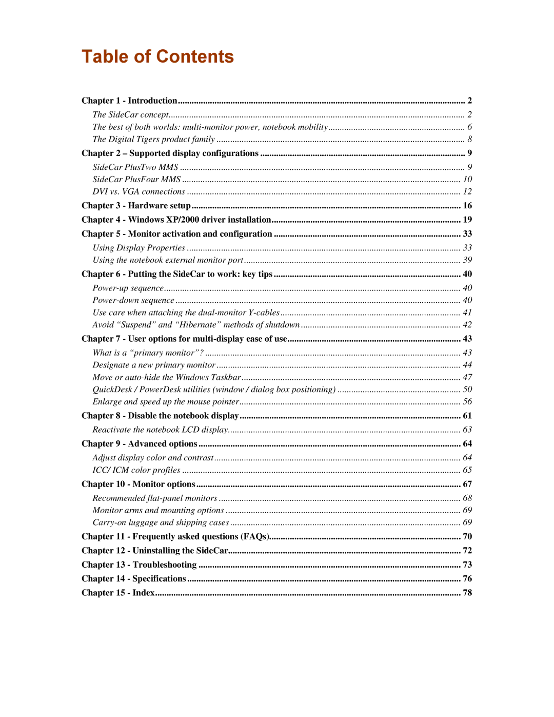 Digital Tigers SideCar MMS Series manual Table of Contents 