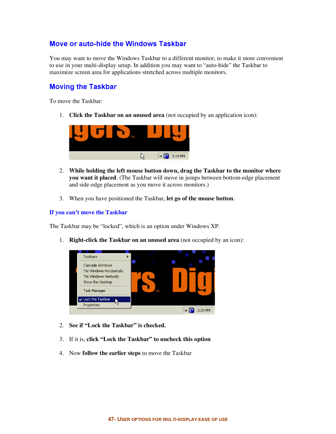 Digital Tigers SideCar MMS Series manual Move or auto-hide the Windows Taskbar, Moving the Taskbar 
