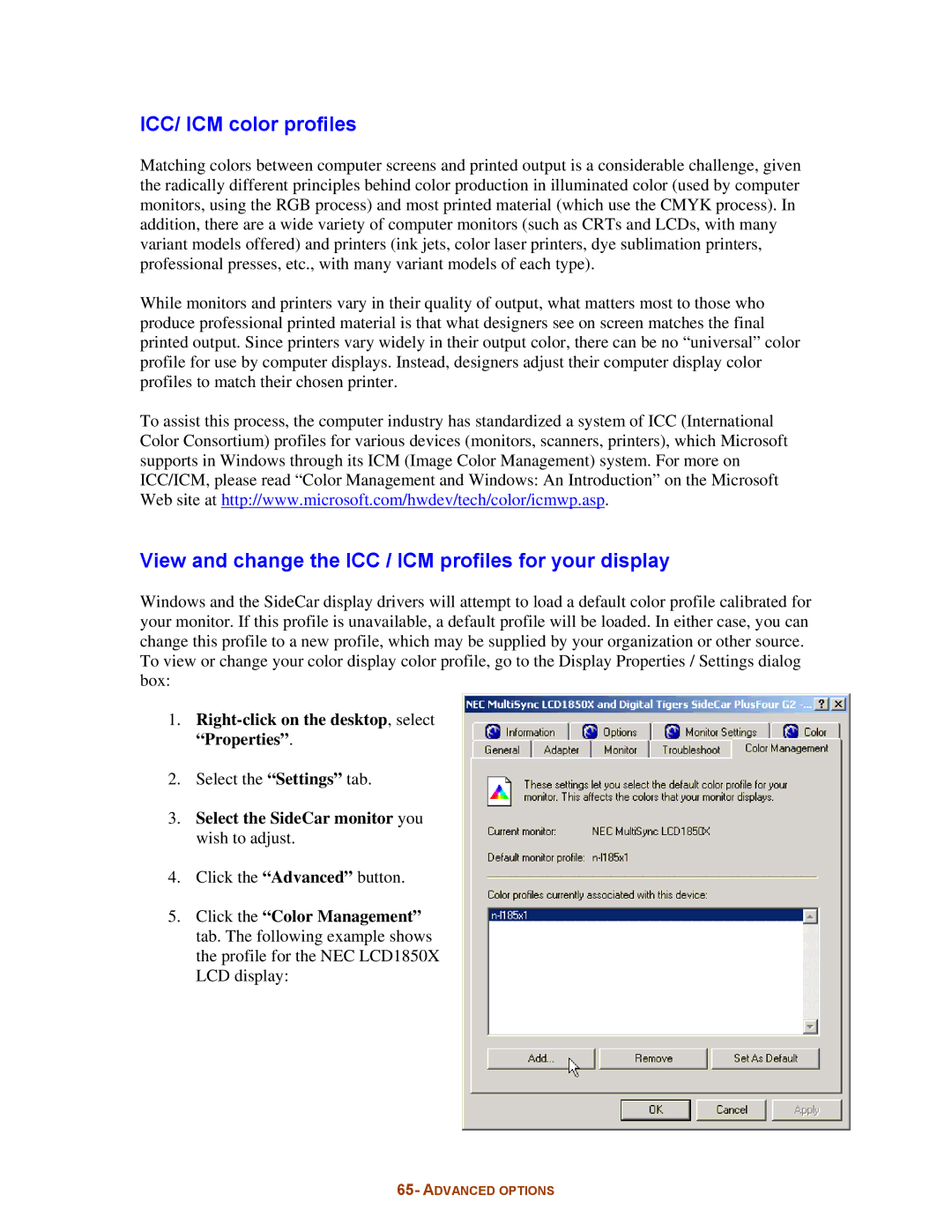 Digital Tigers SideCar MMS Series manual ICC/ ICM color profiles, View and change the ICC / ICM profiles for your display 