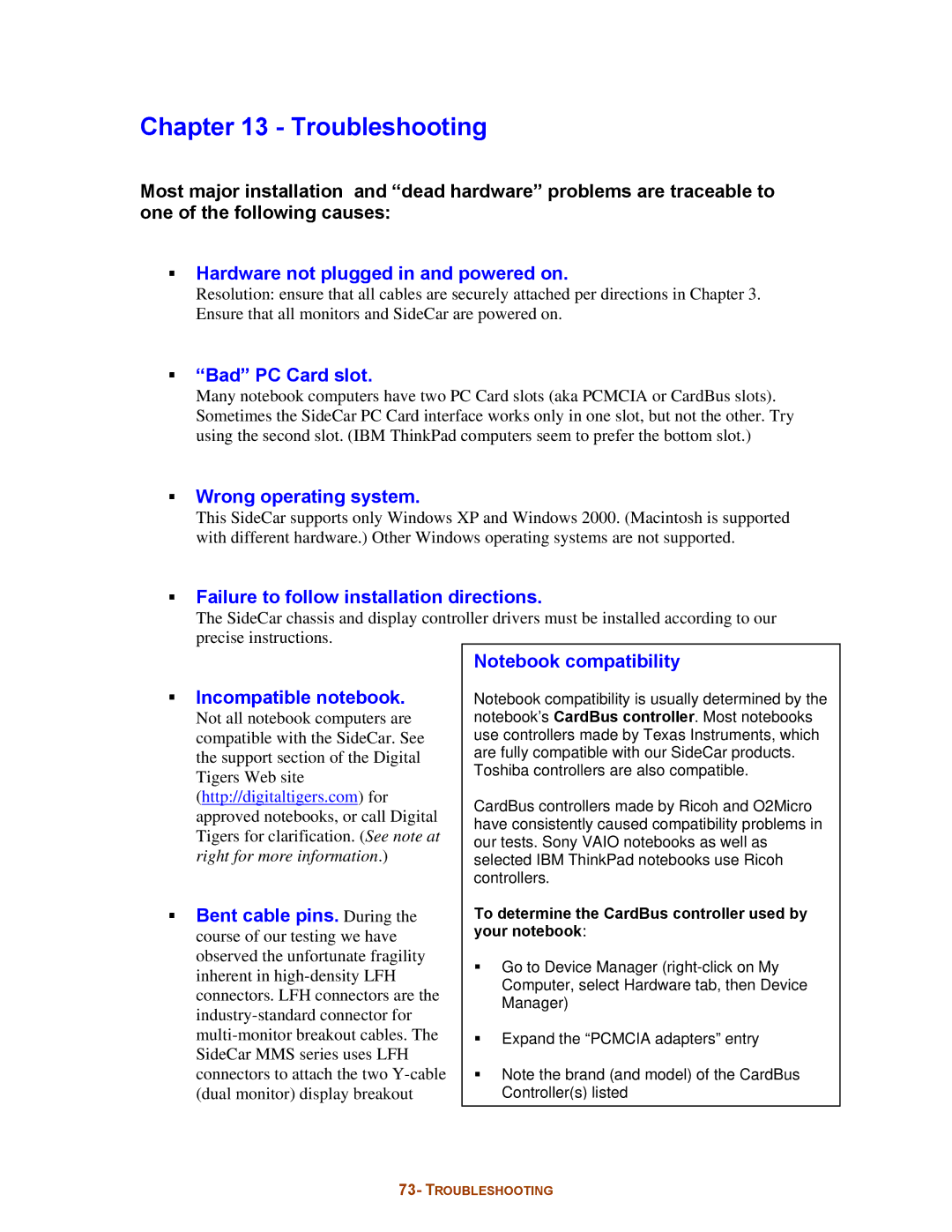 Digital Tigers SideCar MMS Series manual Troubleshooting 