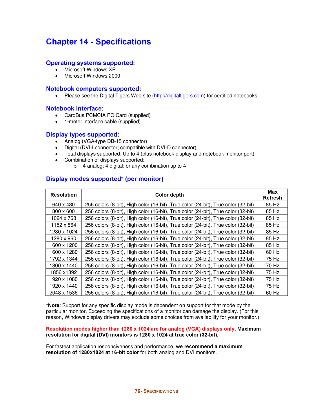 Digital Tigers SideCar MMS Series manual Specifications, Operating systems supported, Display types supported 