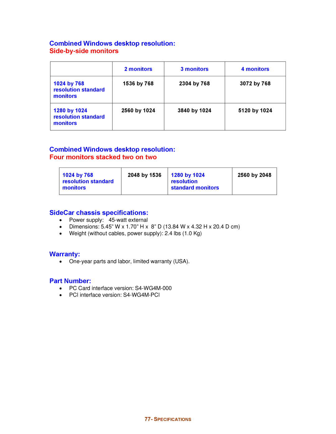 Digital Tigers SideCar MMS Series manual Combined Windows desktop resolution, SideCar chassis specifications, Warranty 