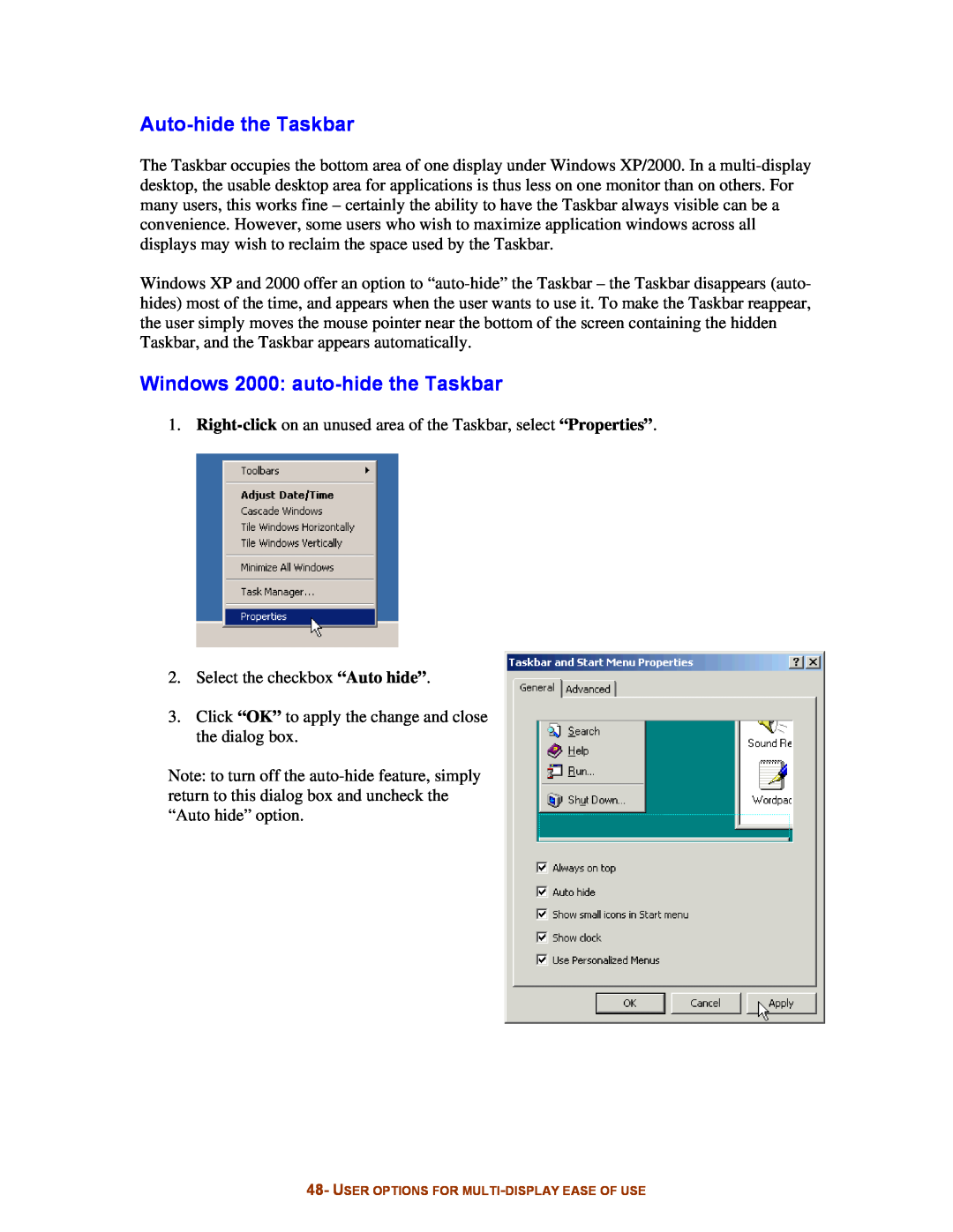 Digital Tigers SideCar MMS Series manual Auto-hide the Taskbar, Windows 2000 auto-hide the Taskbar 