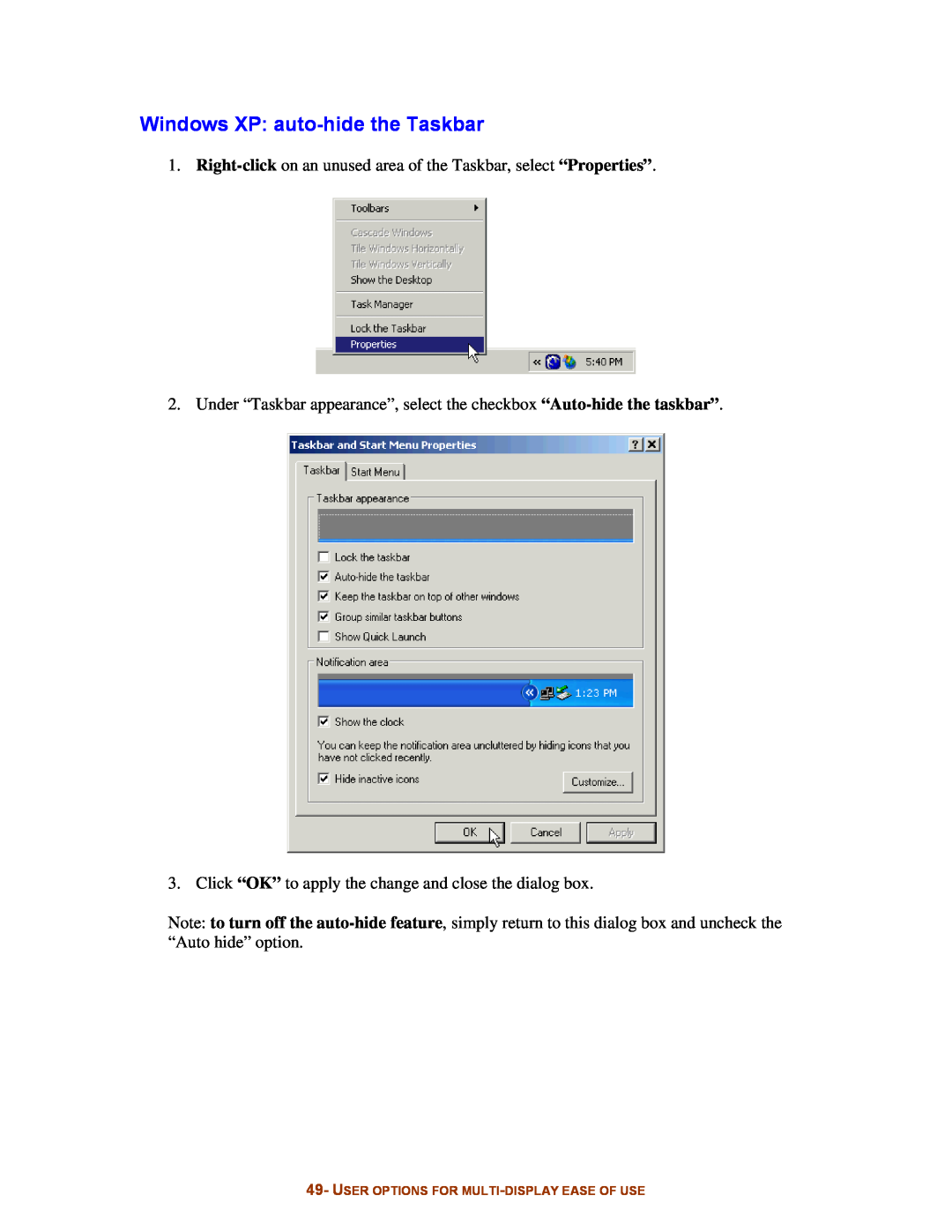 Digital Tigers SideCar MMS Series manual Windows XP auto-hide the Taskbar, User Options For Multi-Display Ease Of Use 
