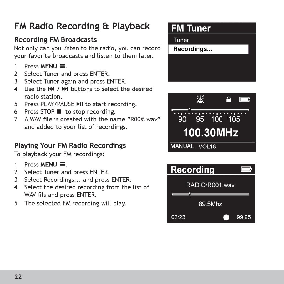 Digital Voice Systems Amp256 FM Radio Recording & Playback, Recording FM Broadcasts, Playing Your FM Radio Recordings 