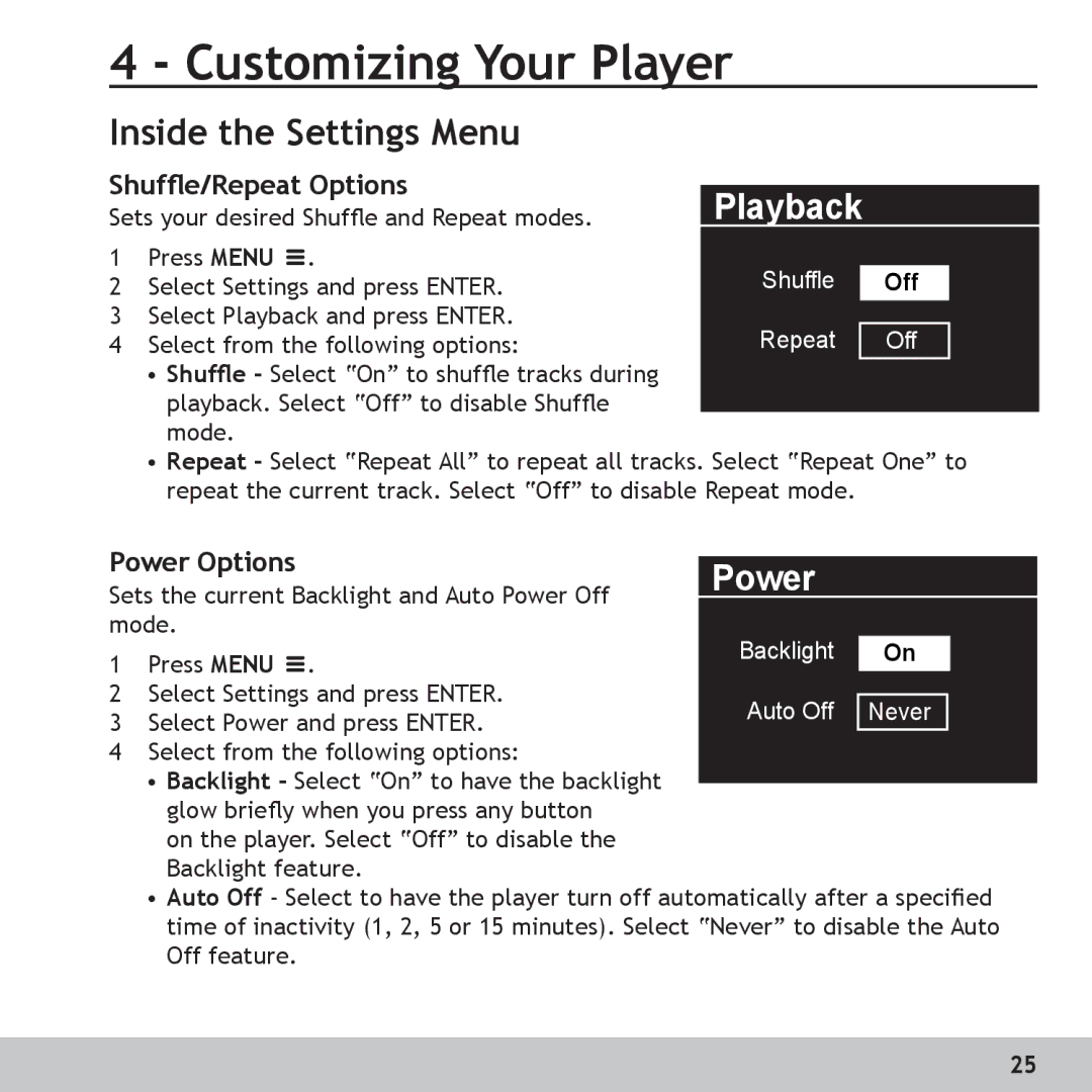 Digital Voice Systems Amp128 manual Customizing Your Player, Inside the Settings Menu, Shufﬂe/Repeat Options, Power Options 