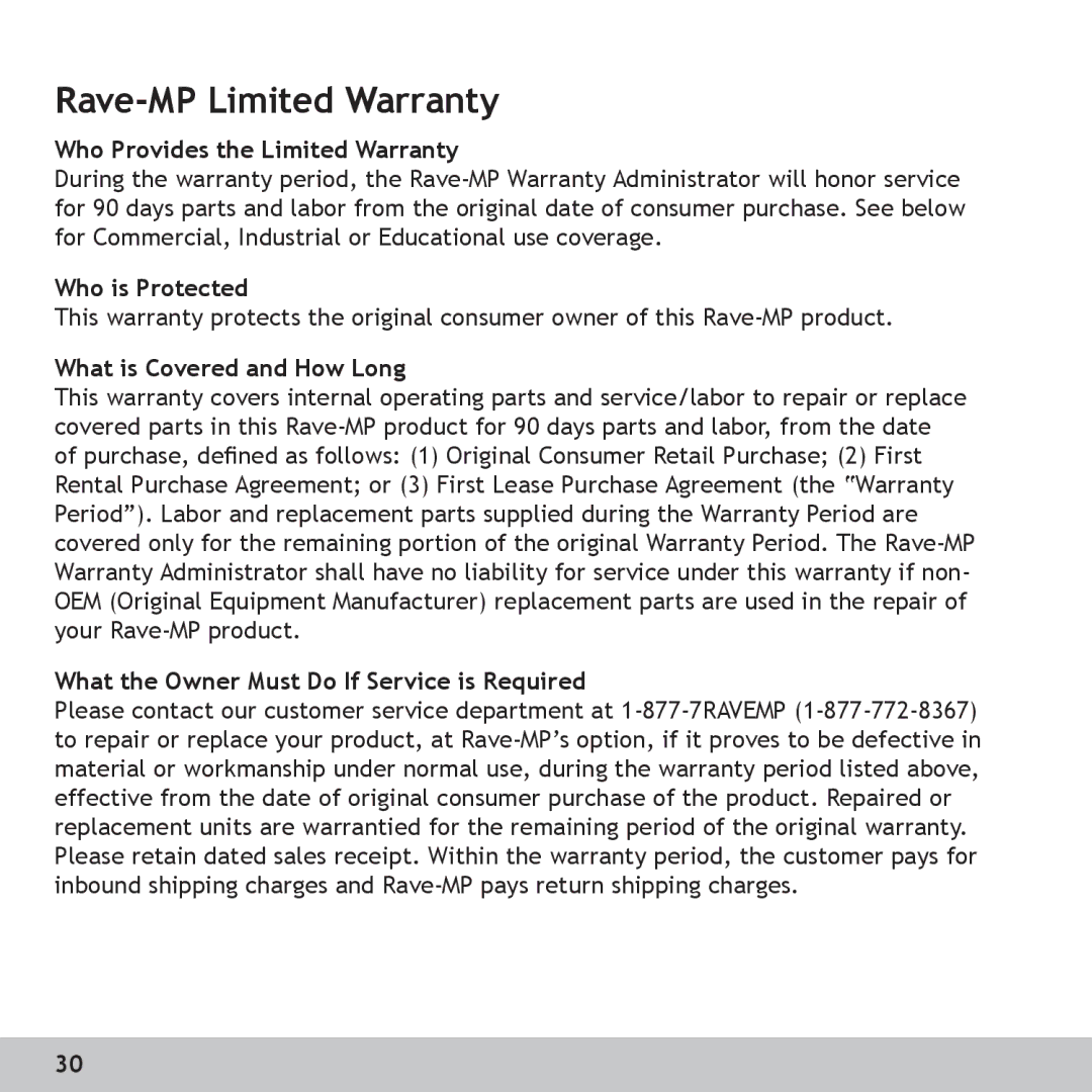 Digital Voice Systems Amp256, Amp128 manual Rave-MP Limited Warranty, Who Provides the Limited Warranty 