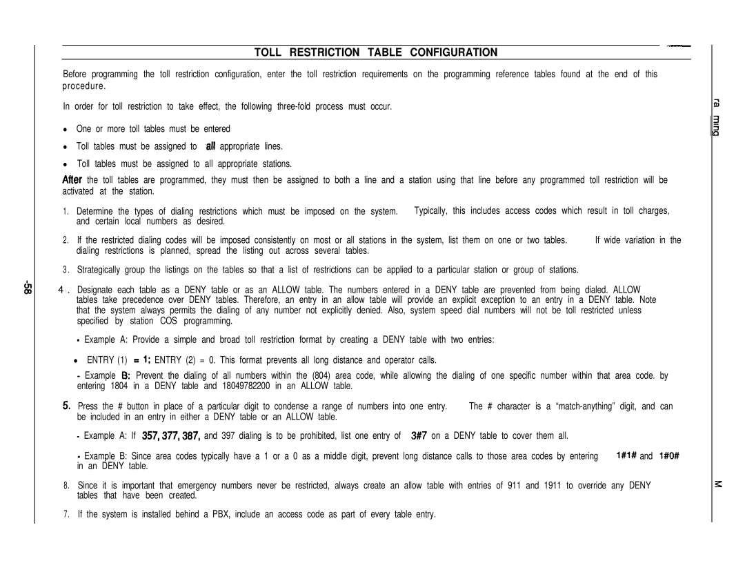 DigiTech C0408 system manual Toll Restriction Table Configuration, System, list them on one or two tables, Several tables 