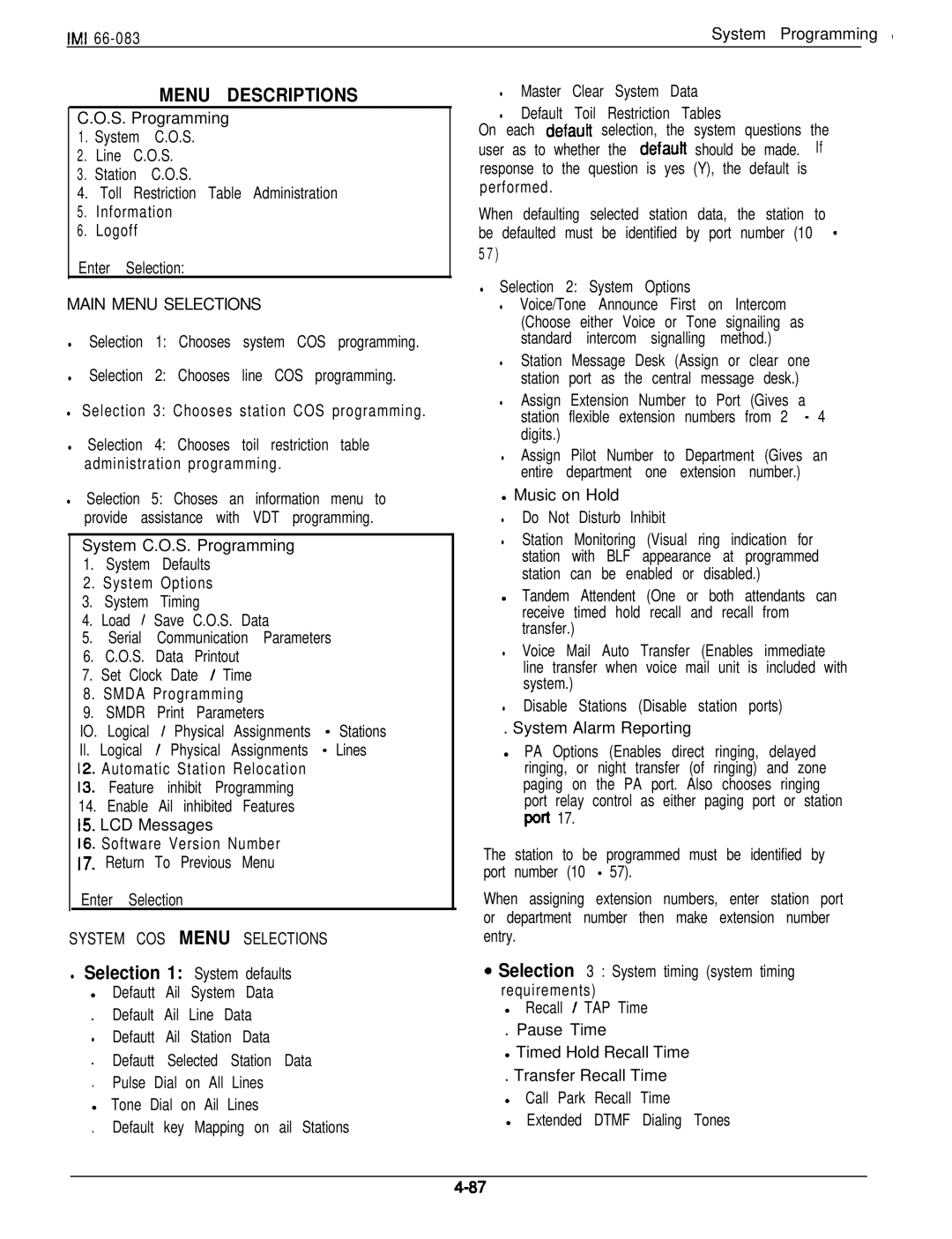 DigiTech C0408 system manual Menu Descriptions, IMI System Programming s, Main Menu Selections, System COS Menu Selections 