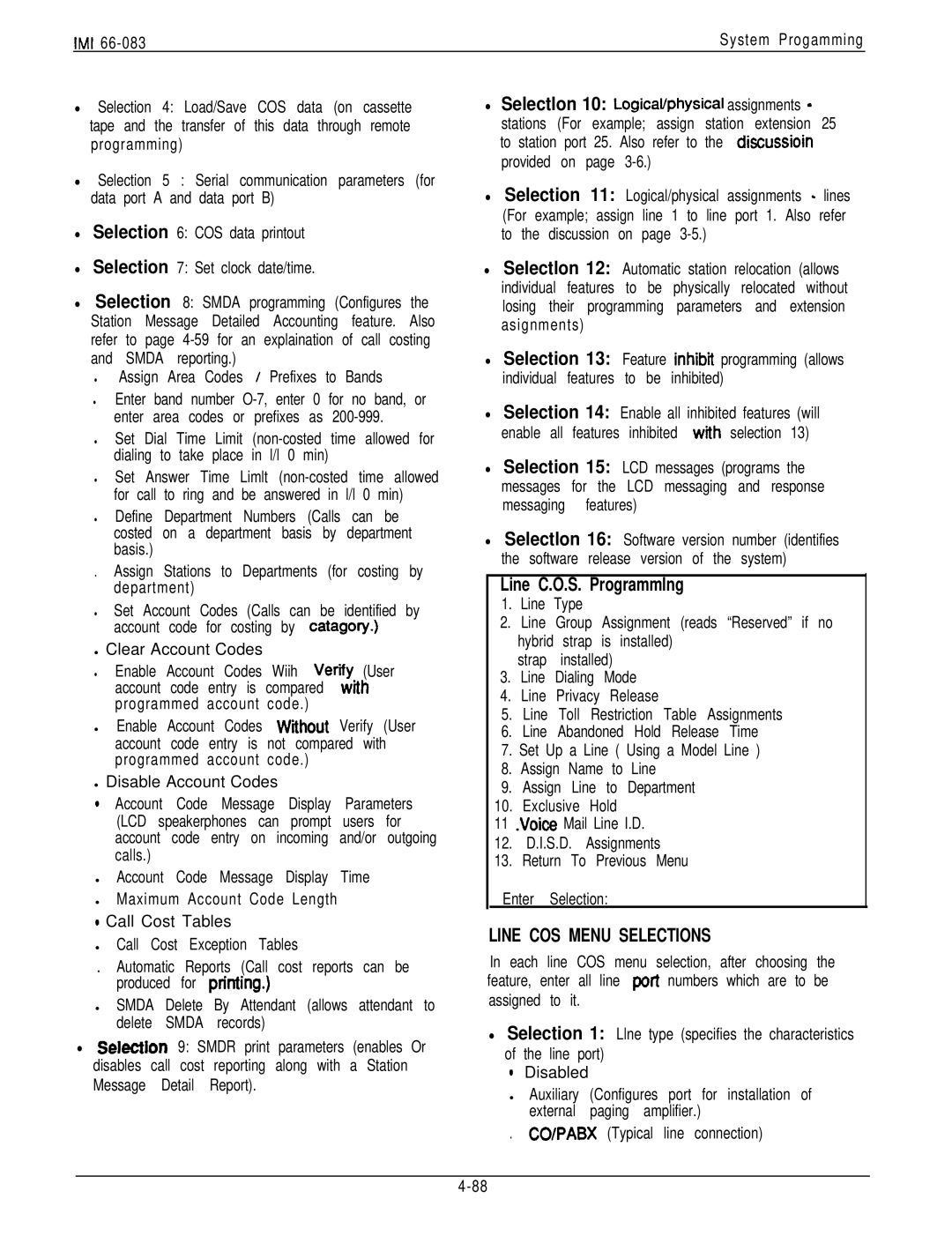 DigiTech C0408 system manual Line C.O.S. Programmlng, Line COS Menu Selections, Assign Area Codes / Prefixes to Bands 