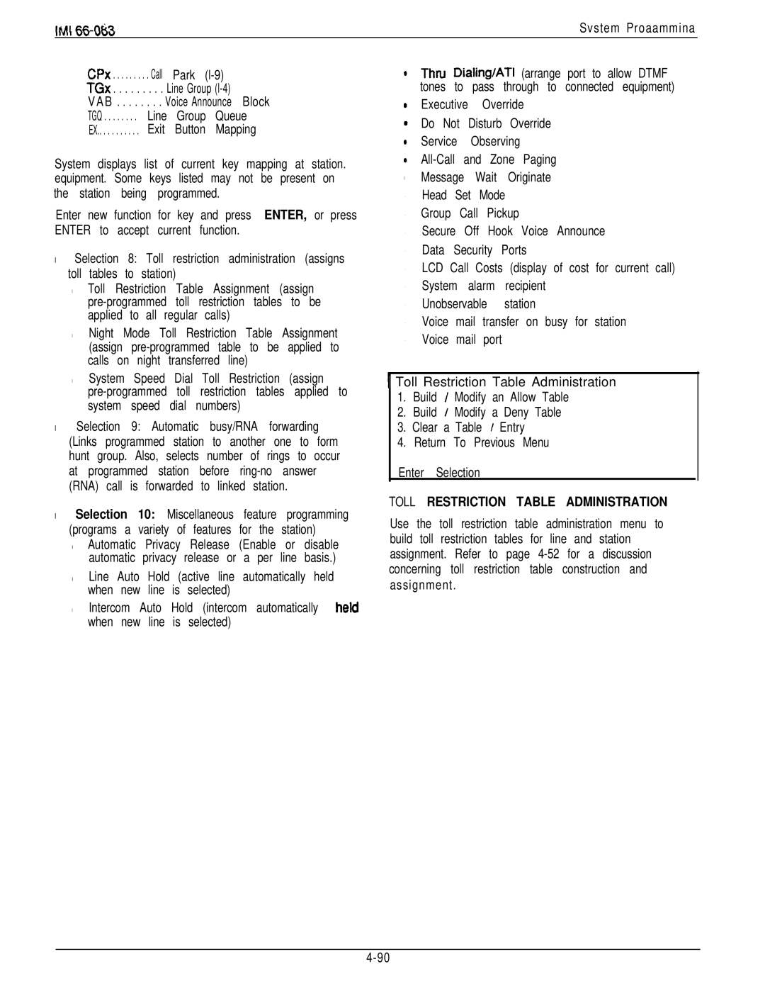 DigiTech C0408 system manual Toll Restriction Table Administration 