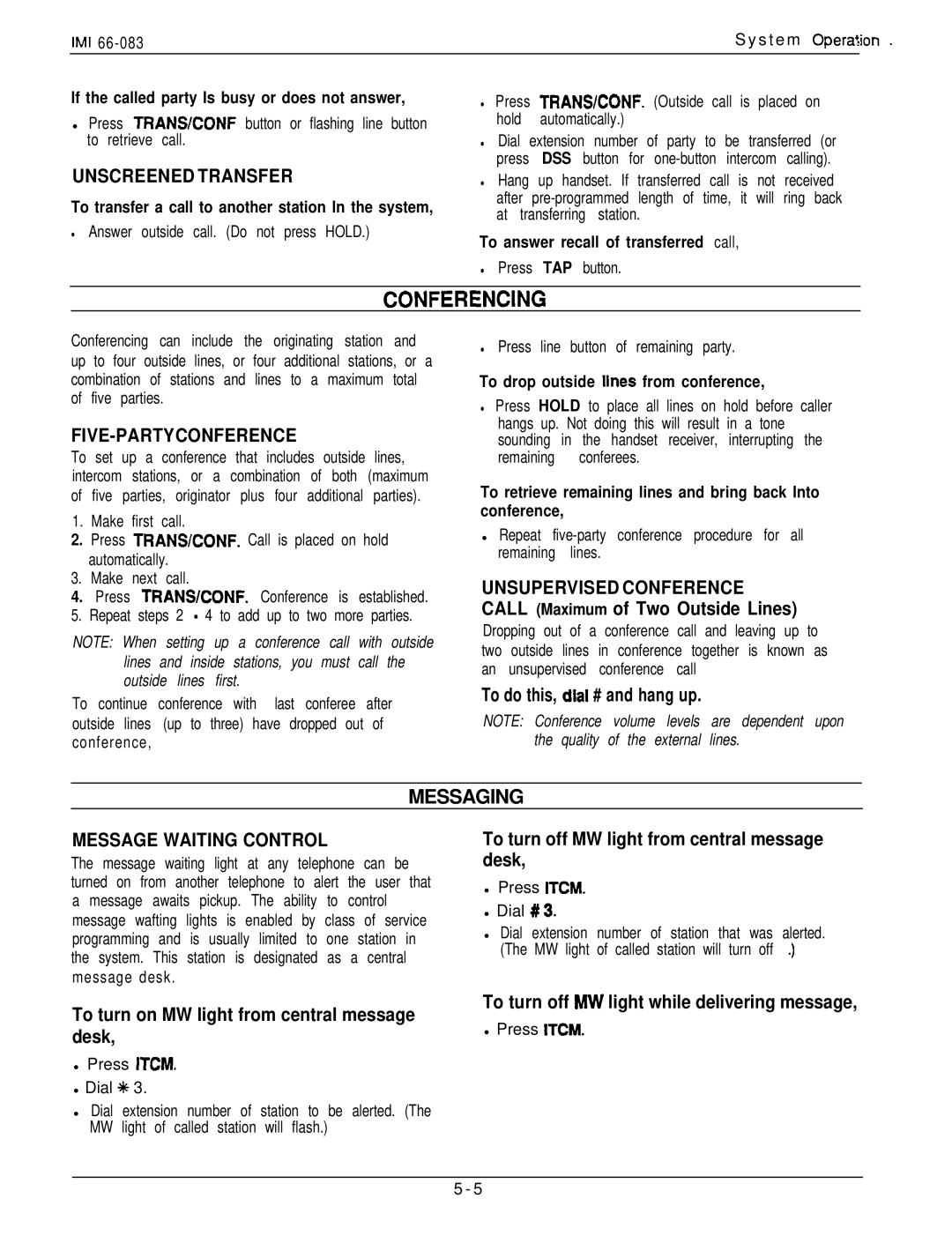 DigiTech C0408 system manual Conferencing, Messaging, Unscreened Transfer, Five-Partyconference, Message Waiting Control 