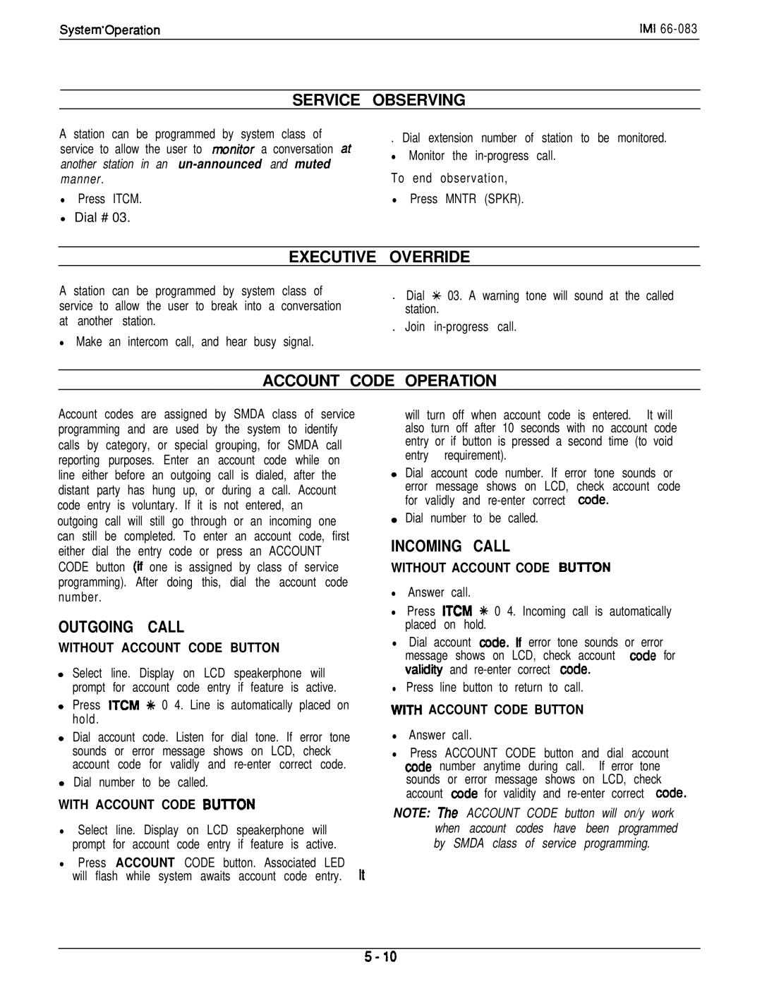 DigiTech C0408 system manual Service Observing, Executive Override, Account Code Operation, Outgoing Call, Incoming Call 