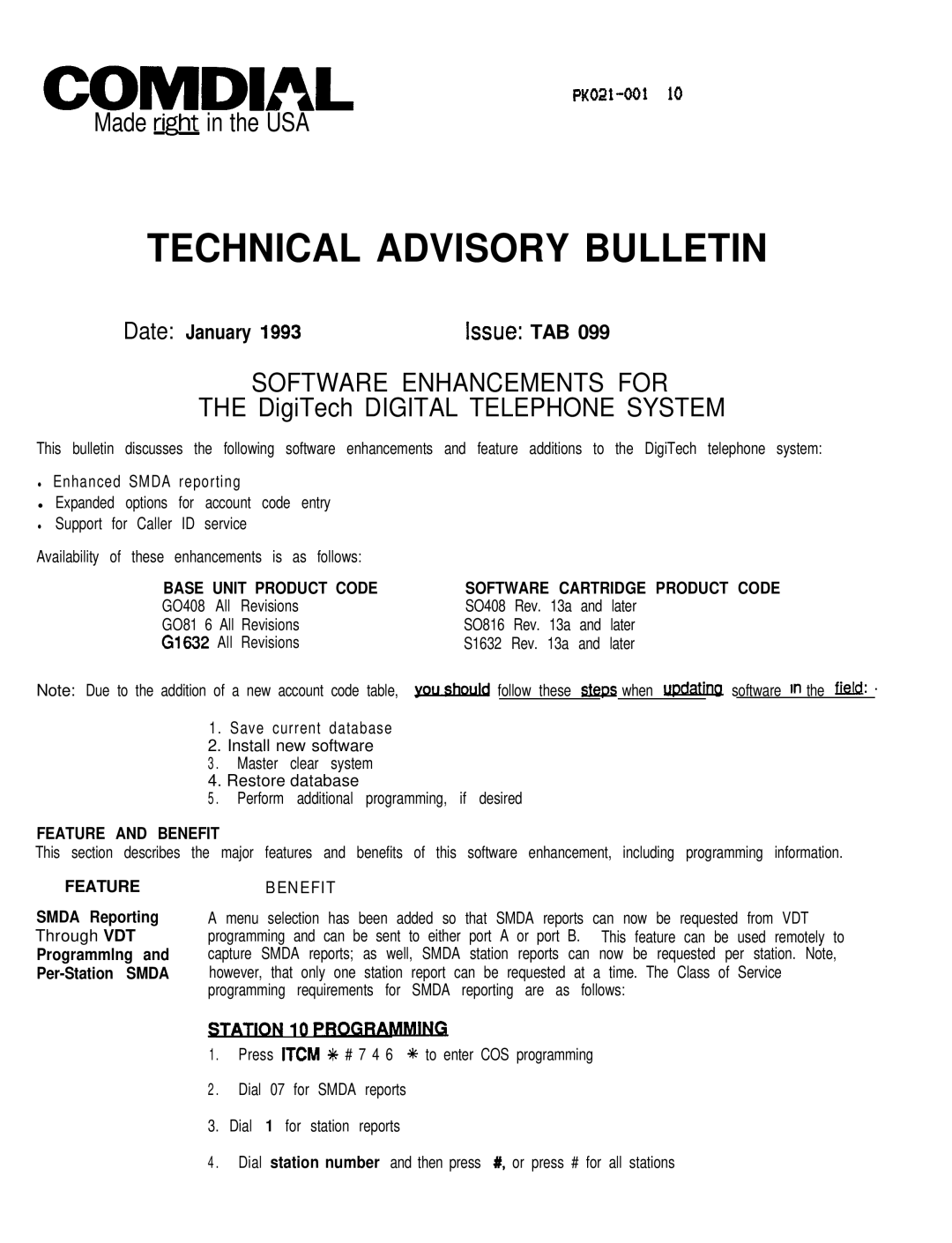 DigiTech C0408 system manual Base Unit Product Code, Feature and Benefit, Smda Reporting, Programmlng Per-Station Smda 