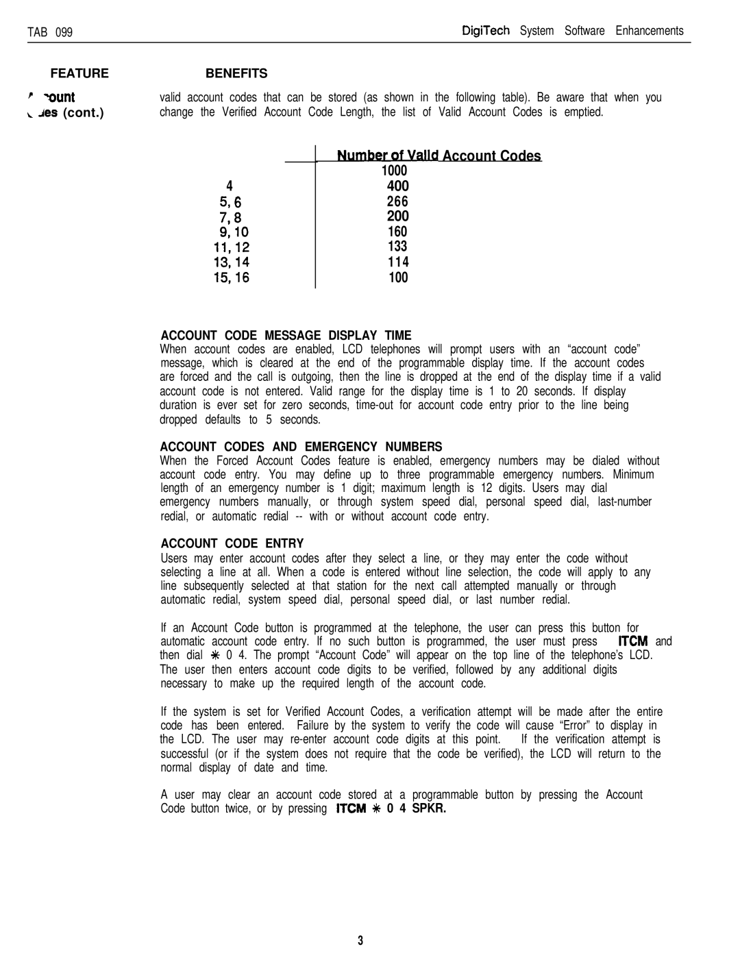 DigiTech C0408 system manual Tab, Featurebenefits, Account Code Message Display Time, Account Codes and Emergency Numbers 