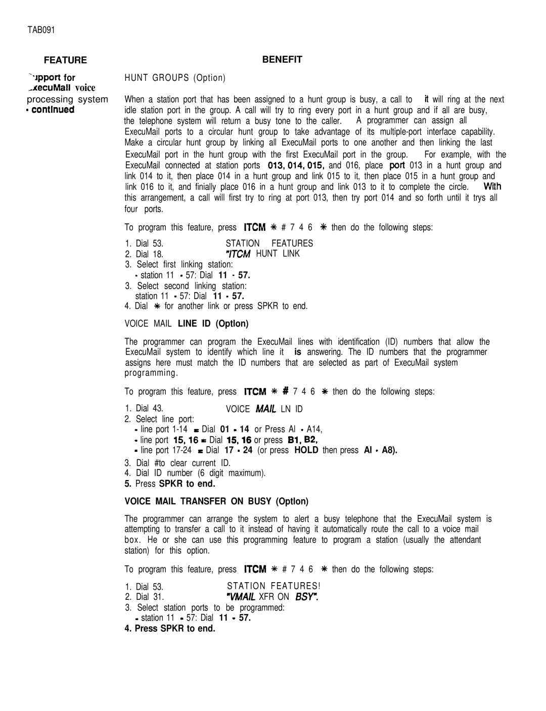 DigiTech C0408 system manual Feature Benefit, ‘qlpport for, Voice Mail Line ID Optlon, Wail XFR on BSY 