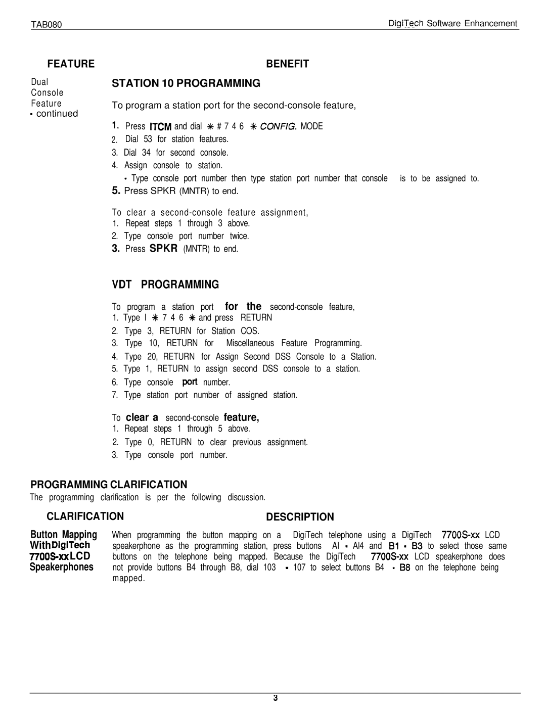 DigiTech C0408 VDT Programming, Benefit Station 10 Programming, Programming Clarification, Clarificationdescription 