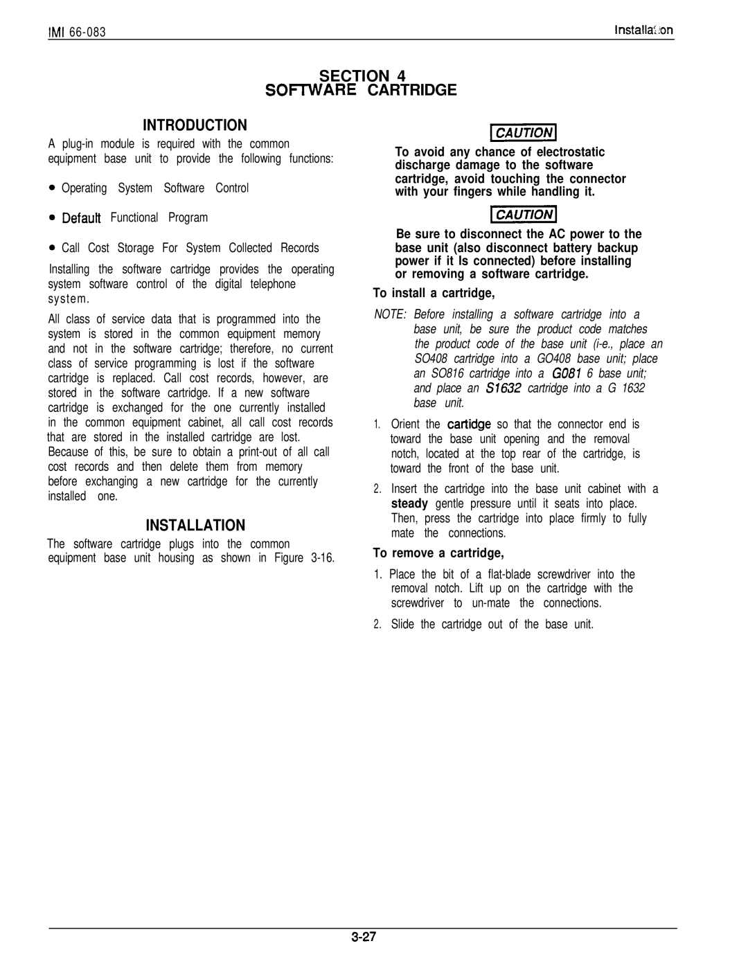 DigiTech C0408 system manual Section, Installation, To install a cartridge, To remove a cartridge 