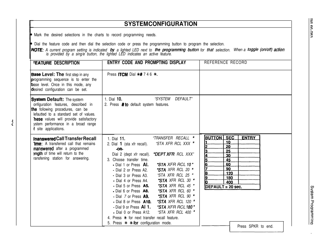 DigiTech C0408 system manual Systemconfiguration, Description, Iystem Defauft The system, Fnanswered Call Transfer Recall 