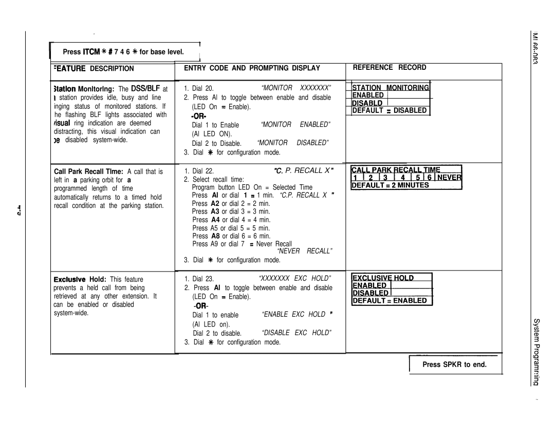 DigiTech C0408 system manual EATUFlE Description, Never Recall, Press Spkr to end 