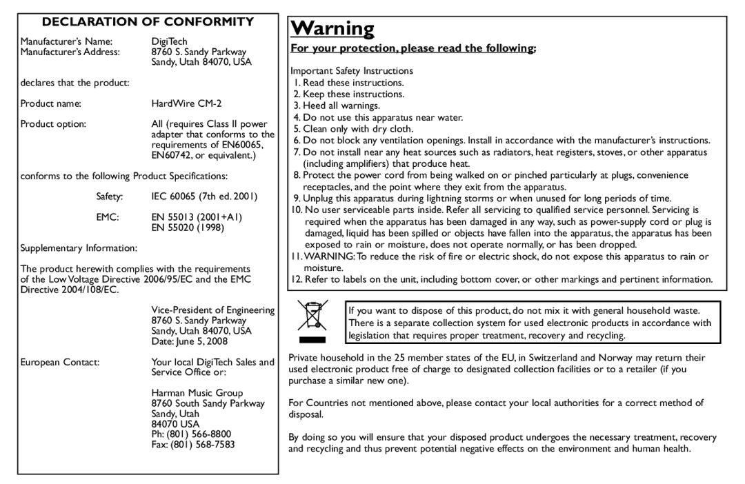 DigiTech CM-2 manual Declaration of Conformity 