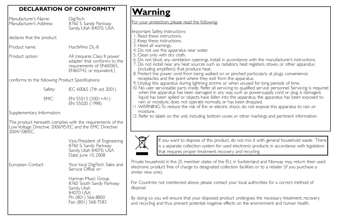 DigiTech DL-8 manual Declaration of Conformity 