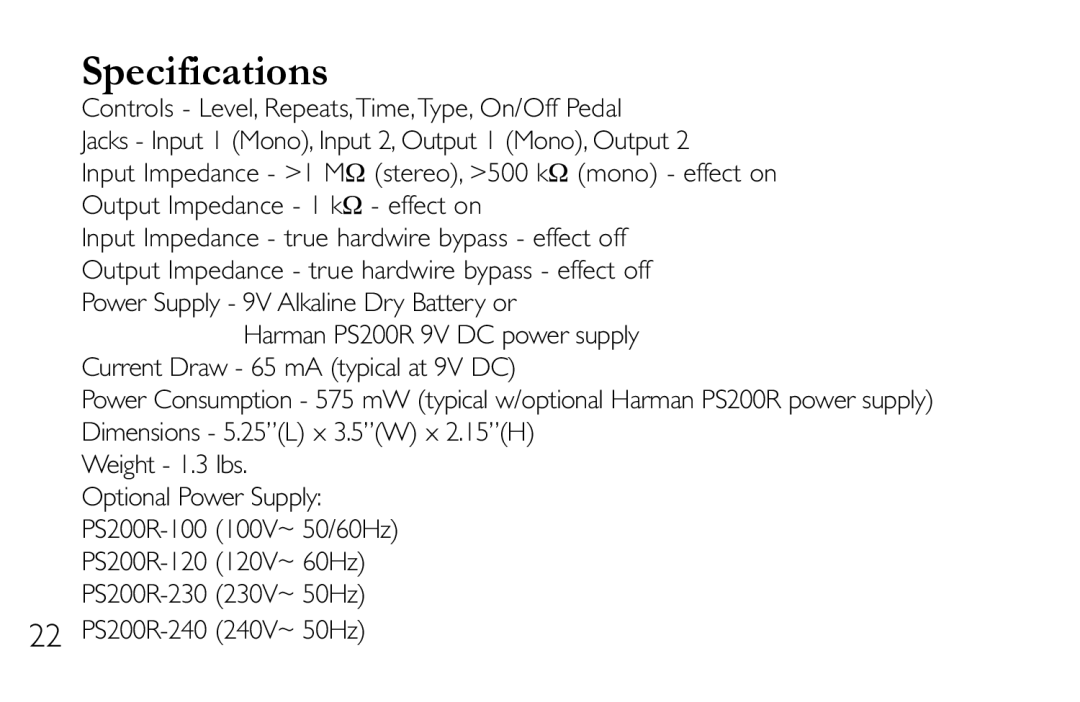 DigiTech DL-8 manual Specifications, 22 PS200R-240 240V~ 50Hz 